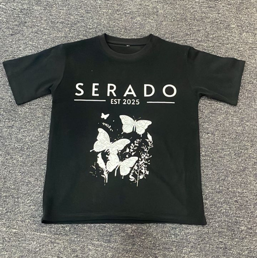 Serado Black T shirt with white butterflies